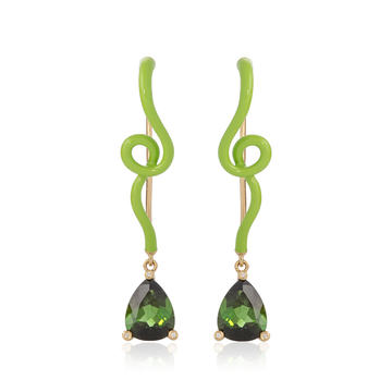 18k Yellow Gold Geri Pendant Earring with Green Tourmaline and Lime Green Enamel