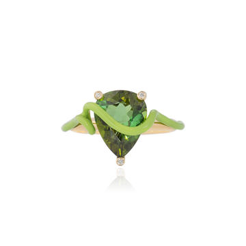 18k Yellow Gold Hermione Ring with Green Tourmaline and Light Green Enamel