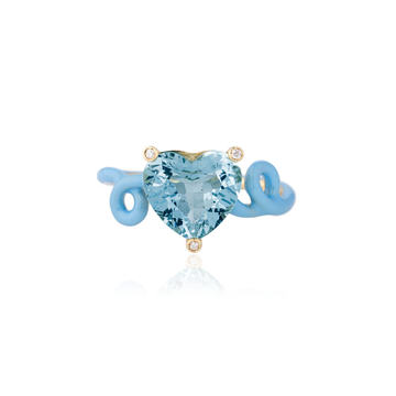 18k Yellow Gold Penny Ring with Aquamarine and Baby Blue Enamel