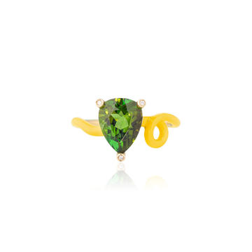 18k Yellow Gold Kim Ring with Green Tourmaline and Sunflower Yellow Enamel