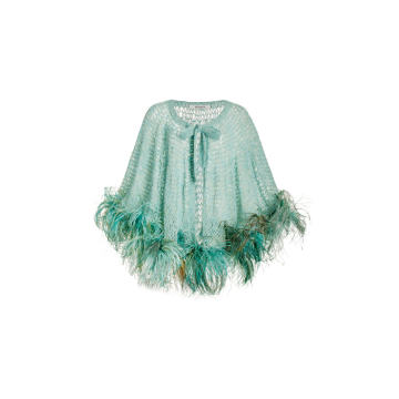 Feather-Trimmed Loose Knit Short Cape