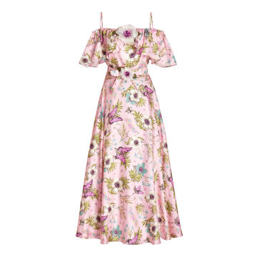 Pink Floral Printed Silk Twill Off The Shoulder Ruffle Dress (Sold With Belt)