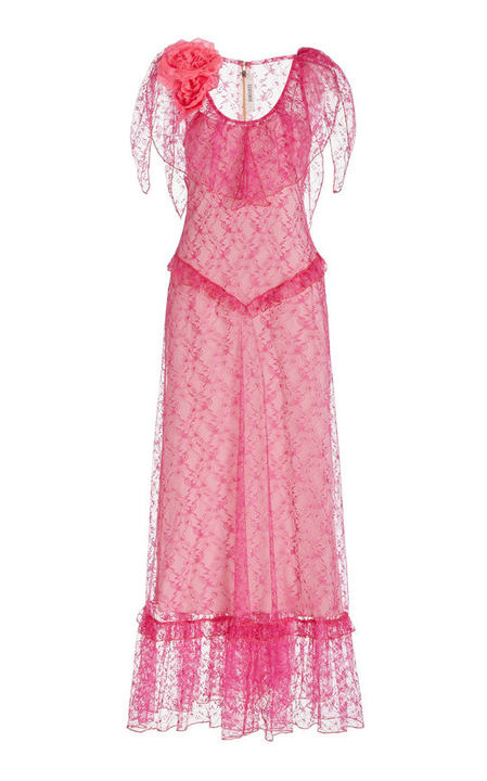 Rose-Appliqued Ruffled Lace Maxi Dress展示图