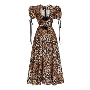 Rose-Detailed Leopard-Print Silk Midi Dress
