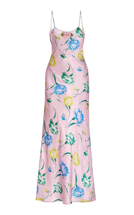 Rose-Detailed Floral Silk Midi Slip Dress展示图