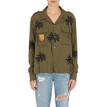 Palm-Tree-Print Cotton-Cashmere Military Shirt