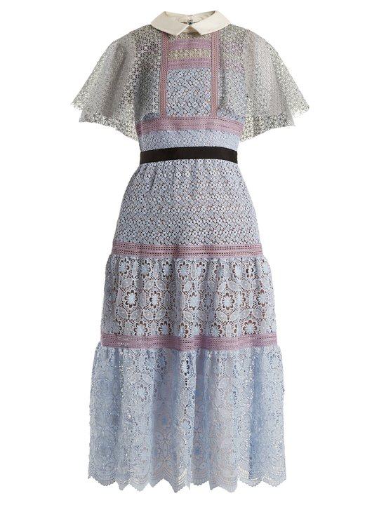 Contrast-collar floral-lace midi dress展示图