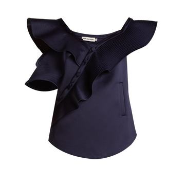 One-shoulder ruffled duchess-satin top