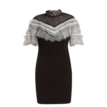 Lace-trimmed short-sleeved cady dress