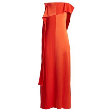 Contrast-panel draped sleeveless satin gown