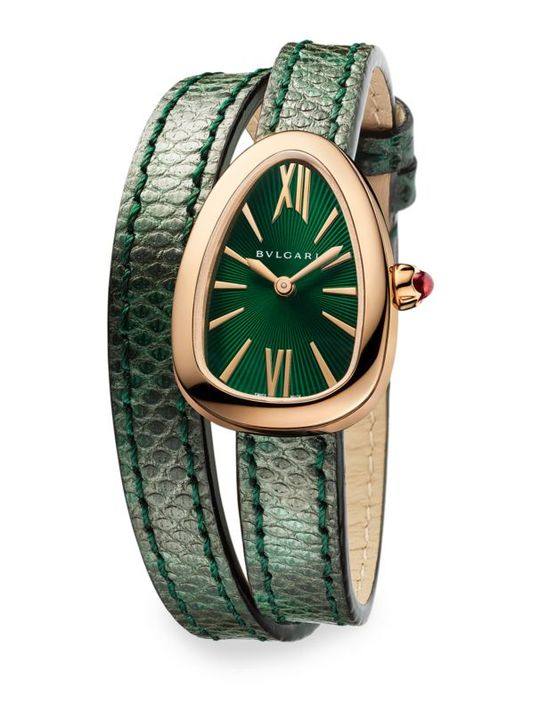 Serpenti 18K Pink Gold &amp; Green Karung Strap Watch展示图