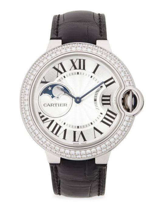 Ballon Bleu de Cartier Diamond, 18K White Gold &amp; Alligator Strap Watch展示图