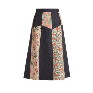 Patchwork wool-herringbone midi skirt