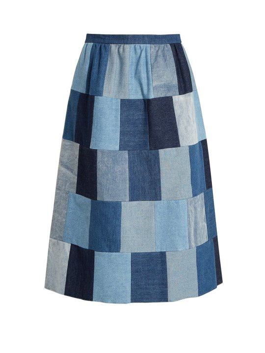 Patchwork denim midi skirt展示图