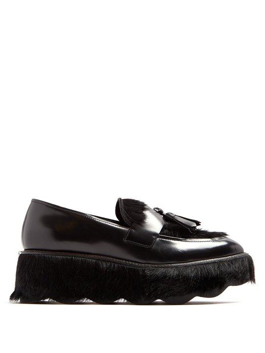 Tasseled leather and calf-hair flatform loafers展示图