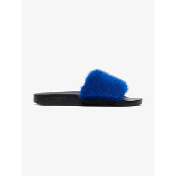 blue Fur Strap Slides