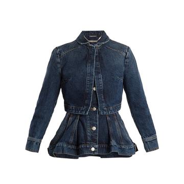 High-neck peplum-hem denim jacket