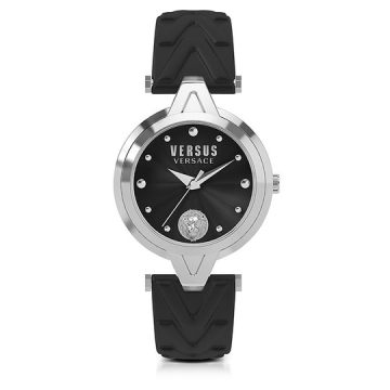 V Versus 银色不锈钢女士手表配黑色皮表带