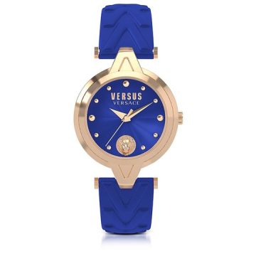 V Versus 玫瑰金色调不锈钢女士手表配蓝色皮表带