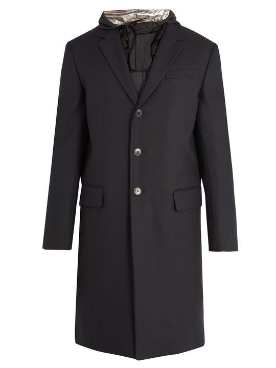 Contrast-hood single-breasted wool coat展示图