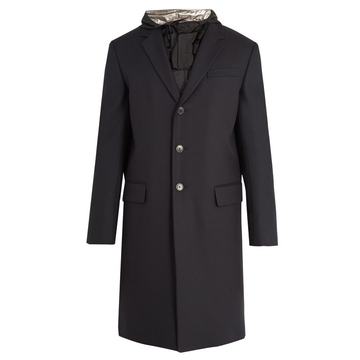 Contrast-hood single-breasted wool coat