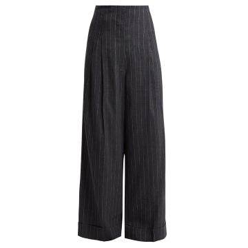 High-rise pinstriped linen-blend trousers