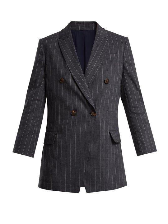 Double-breasted pinstriped linen-blend blazer展示图