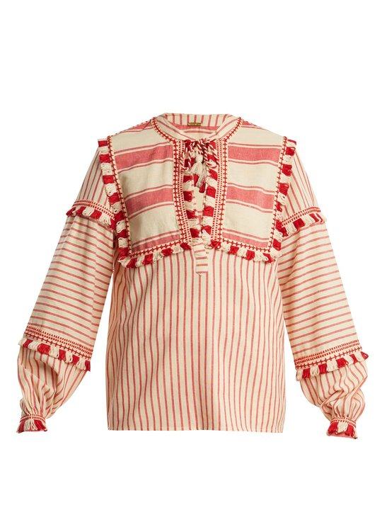 Emanuelle fringe-embellished striped cotton top展示图