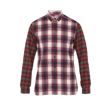 Contrast-sleeve checked brushed-cotton shirt