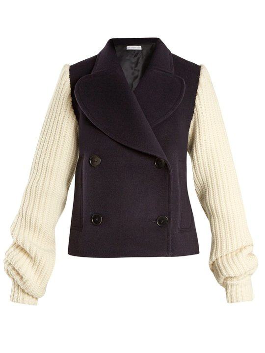 Double-breasted contrast-sleeve wool-blend coat展示图