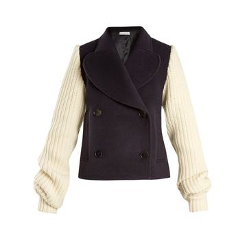 Double-breasted contrast-sleeve wool-blend coat