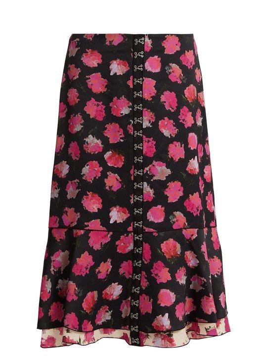 Carnation-print fluted midi skirt展示图