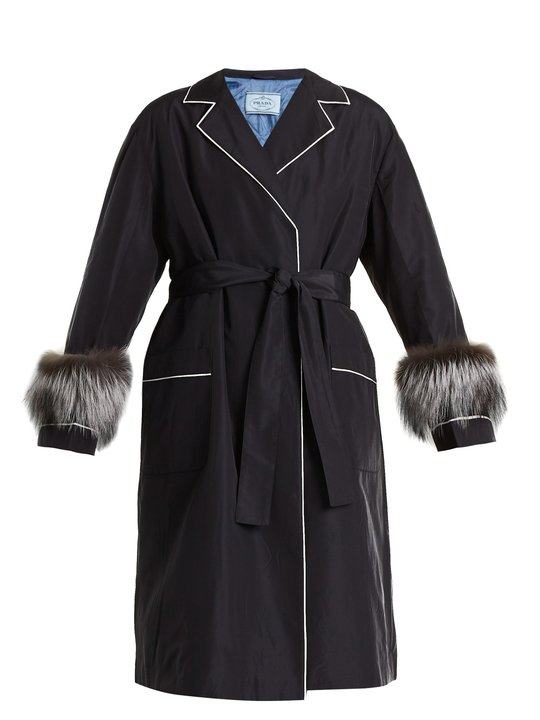 Fur-trimmed tie-waist faille wrap coat Fur-trimmed tie-waist faille wrap coat展示图