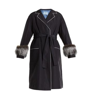 Fur-trimmed tie-waist faille wrap coat Fur-trimmed tie-waist faille wrap coat