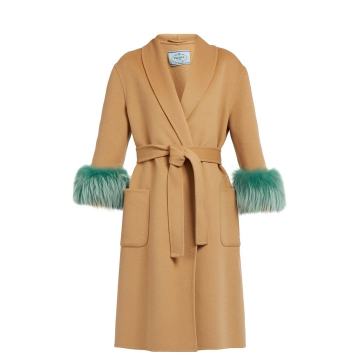 Mink fur-cuff belted wool coat