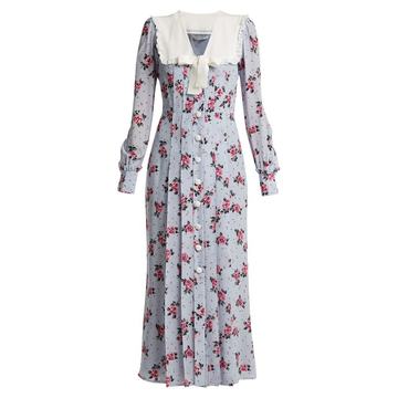 Rose-print frill-trimmed silk dress