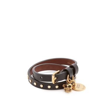 Skull-charm studded leather wraparound bracelet