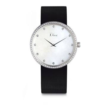 La D de Dior Diamond, Stainless Steel &amp; Satin Strap Watch