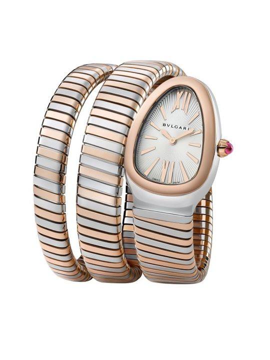 Serpenti 18K Rose Gold &amp; Stainless Steel Wraparound Tubogas Bracelet Watch展示图