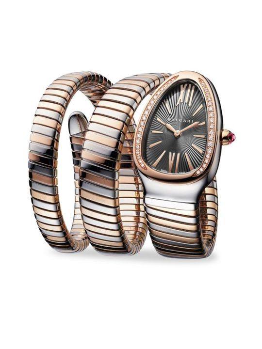 Serpenti Diamond, 18K Rose Gold &amp; Stainless Steel Double Tubogas Bracelet Watch展示图