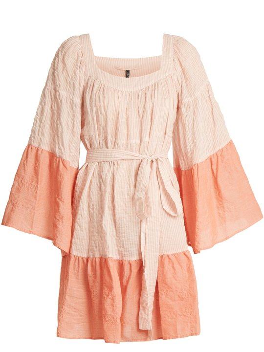 Ruffled waist-tie striped cotton-blend dress展示图