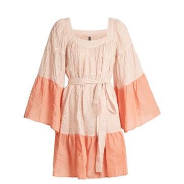 Ruffled waist-tie striped cotton-blend dress