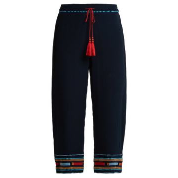 Embroidered silk crepe de Chine trousers