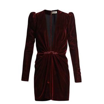 Deep V-neck gathered-detail velvet mini dress Deep V-neck gathered-detail velvet mini dress