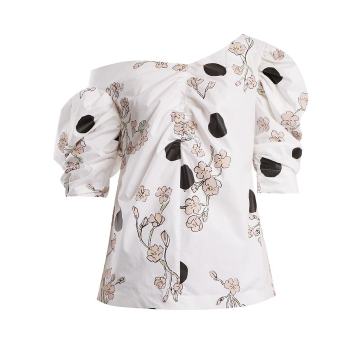 Floral-print one-shoulder gathered cotton top