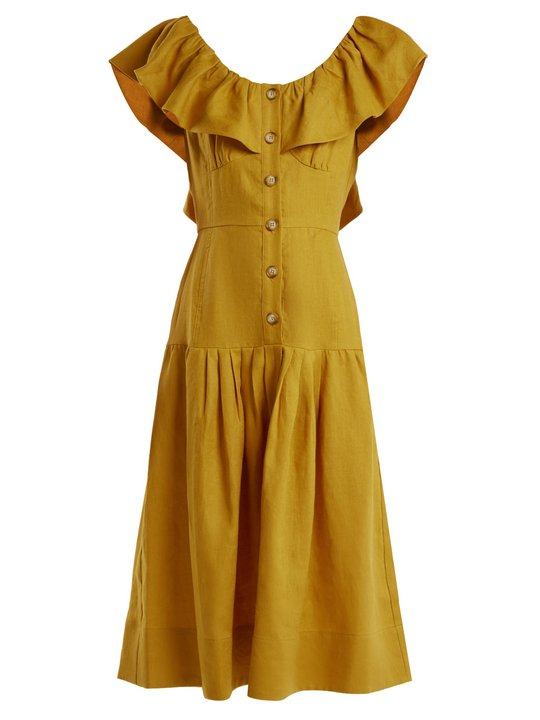 Goldie dropped-waist ruffled-neck linen dress展示图