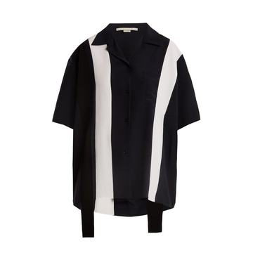 Notch-lapel striped-panel silk shirt