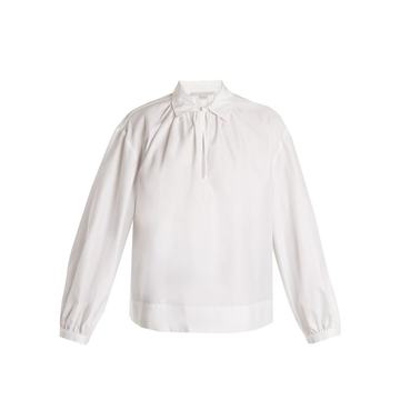 Keyhole-slit ruched cotton-poplin shirt