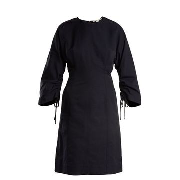 Indigo round neck ruched-sleeve cocoon dress