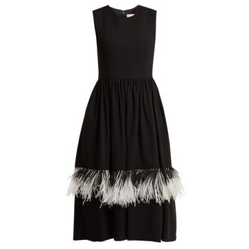 Feather-embellished wool-blend dress